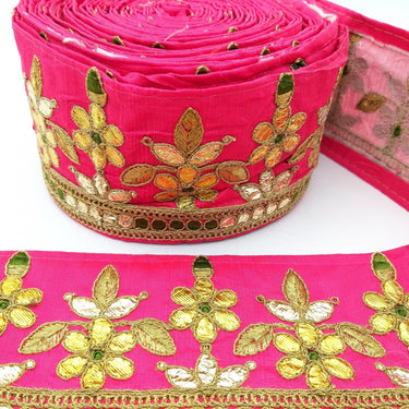 Radical Red Art Silk Fabric Trim, Green & Gold Floral Embroidery Gota Patti Indian Sari Border Trim By Yard Decorative Trim Craft Lace